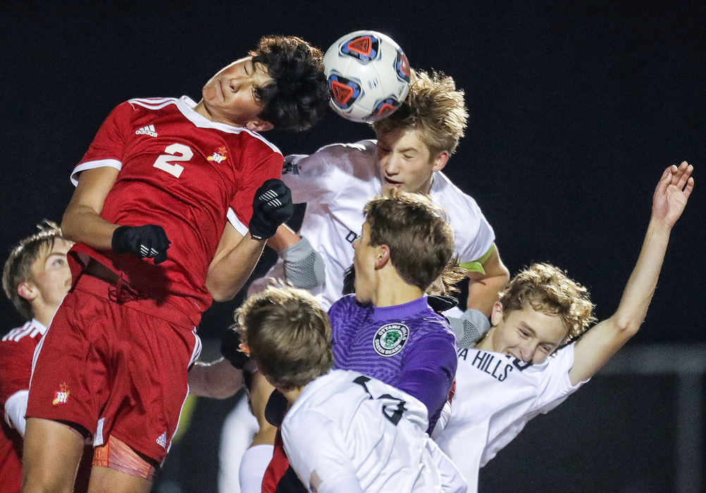 Sports - 3rd place - Ottawa Hills’ Walker Knight (7) battles Youngstown Cardinal Mooney’s Dante DeGenova (2) on a corner kick during the final seconds of a Division III state semifinal soccer match in Mansfield. Youngstown defeated Ottawa Hills, 1-0.  Jeremy Wadsworth / The Blade