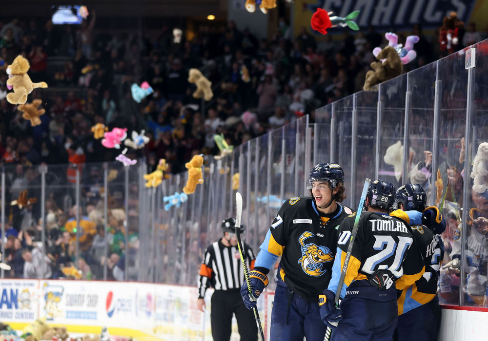 Sports Feature - 3rd place - Toledo players celebrate as stuffed animals are thrown onto the ice during the teddy bear toss after the first Walleye goal of the game in an ECHL game against the Indy Fuel at the Huntington Center in Toledo.(Kurt Steiss / The Blade)