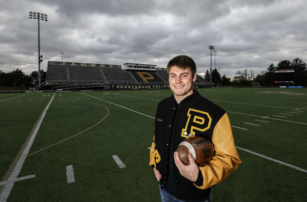 Portrait - 3rd place - Perrysburg senior Connor Walendzak photographed at Steinecker Stadium in Perrysburg is the 2022 All-Blade player of the year .  (Jeremy Wadsworth / The Blade)