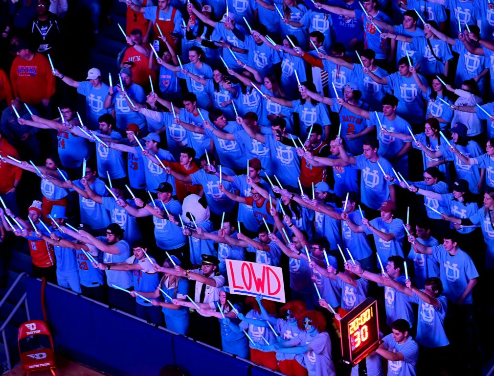 Sports Feature - HM - Dayton's Student section, The Red Scare gets "LOWD" during the player introductions Prior to the Dayton playing SMU at Dayton Arena. (Erik Schelkun / Elsestar Images)