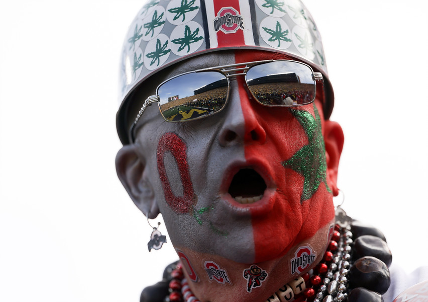 Portrait - HM - Jon “Big Nut” Peters cheers on his Buckeyes during a  game between the University of Michigan and Ohio State University at UM’s Michigan Stadium in Ann Arbor. (Kurt Steiss / The Blade)