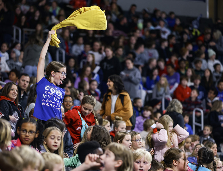 Sports Feature - HM - Lydia Gratz, fifth grader at Bluffton Elementary School cheers on the Toledo Walleye in their game against the Wheeling Nailers at the Huntington Center in Toledo.   (Jeremy Wadsworth / The Blade)