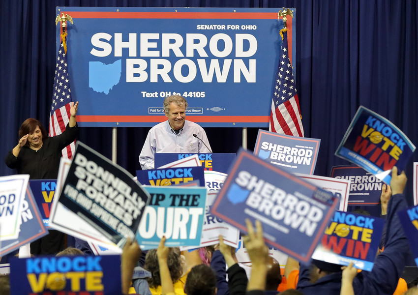 General News - HM - U.S. Senator Sherrod Brown is welcomed to the stage by supporters during a Get Out the Vote rally the day before Election Day at the Wolstein Center in Cleveland. (Jeff Lange / Akron Beacon Journal)