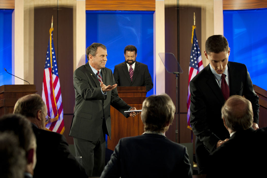 General News - 2nd placeSenator Sherrod Brown (left) reacts as Treasurer Josh Mandel does not shake his hand first after their second senatorial debate at the Nationwide Center in downtown Columbus.  (Eamon Queeney / The Columbus Dispatch)