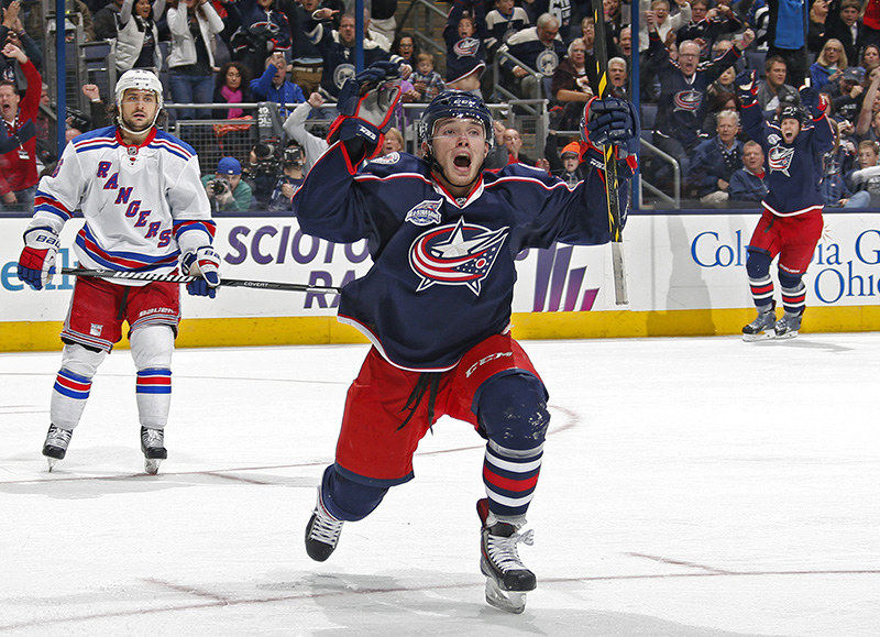 Sports Feature - HM - Columbus Blue Jackets rookie center Marko Dano (56) celebrates his first ever goal after scoring against New York Rangers during the 3rd period of their NHL game at Nationwide Arena in Columbus. (Kyle Robertson / The Columbus Dispatch)