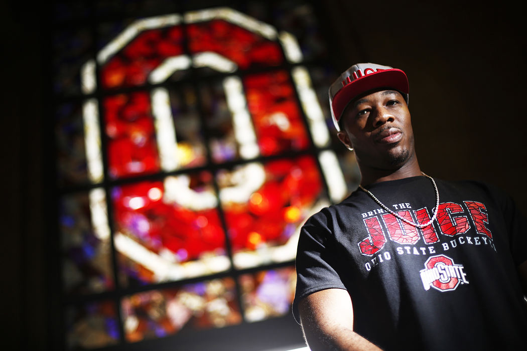 Portrait - 2nd place - Rapper Mekka Don poses for a photograph at Ohio Stadium before the Buckeyes game against Western Michigan in Columbus. The local rapper covers all kinds of subject matter but his Buckeye-centric music have had the most reach, being played on the radio and in Ohio Stadium.  (Eamon Queeney / The Columbus Dispatch)