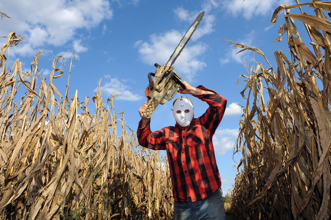 Portrait - HM - Scotty Staker, owner, roams the paths of his haunted Corn Maze in Duncan Falls. Staker, who built the four-acre maze three years ago, offers a day maze as well as a haunted night maze experience for guests. Zanesville High School students will participate in the event to raise money for the ZHS drama club and choir through shared ticket sales. (Shane Flanigan / Zanesville Times Recorder)