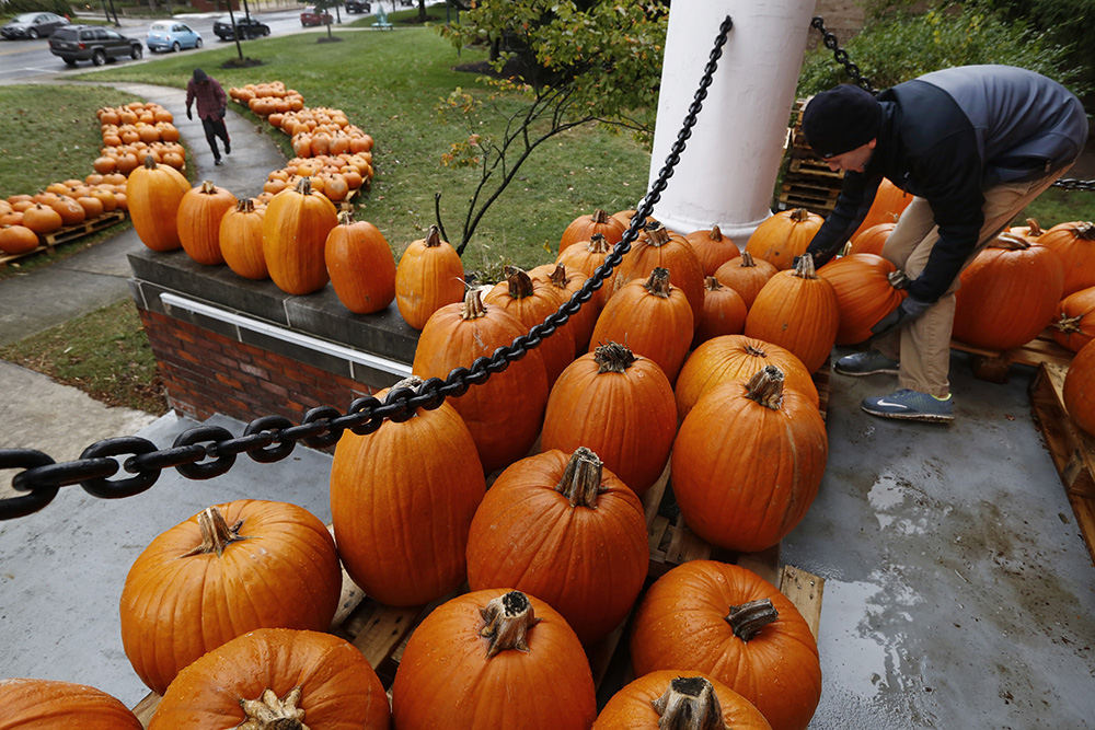 Feature - 3rd place - Scouts Elijah Paciorek (left) and Jake Bibbo move pumpkins up to fill empty spaces at Blendon Masonic Temple in Westerville where Boy Scout Troop 560 was selling pumpkins to raise money for scouting activities.  (Fred Squillante / The Columbus Dispatch)