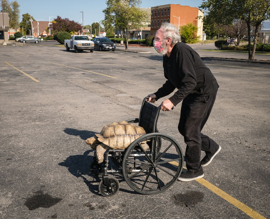 Feature - 1st place - Malcolm Mann pushes his 29-year-old African Giant Sulcata Tortoise named Quinterpino in a wheelchair in the O’Reilly Auto Parts parking lot on Broadway Street in Toledo. Mr. Mann uses the wheelchair to take the tortoise back to his car after letting her walk around for awhile.  Jeremy Wadsworth / The Blade