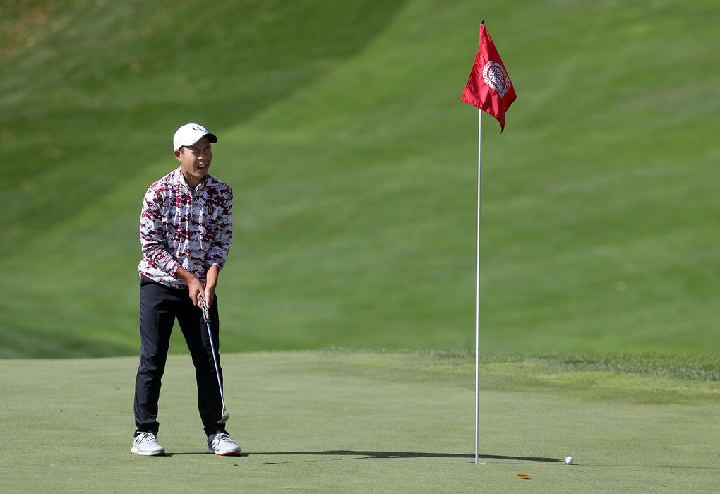 Sports Feature - 1st place - Columbus Academy's Stephen Ma reacts after missing his second putt on the 12th hole during the Division II  state golf tournament at the Scarlet Golf Course in Columbus. Ma would bogey the hole. Shane Flanigan / ThisWeek Community News