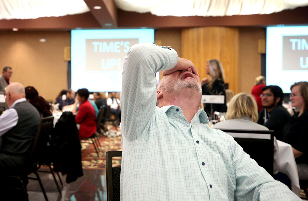 General News - 2nd placeJoe Wieligman, on the joint Hylant and Real Men READ-Y team, reacts to a misspelled word during The Blade Corporate & Community Spelling Bee at The Pinnacle in Maumee. The Lucas County Prosecutor's Office won this year's bee. (Kurt Steiss / The Blade)