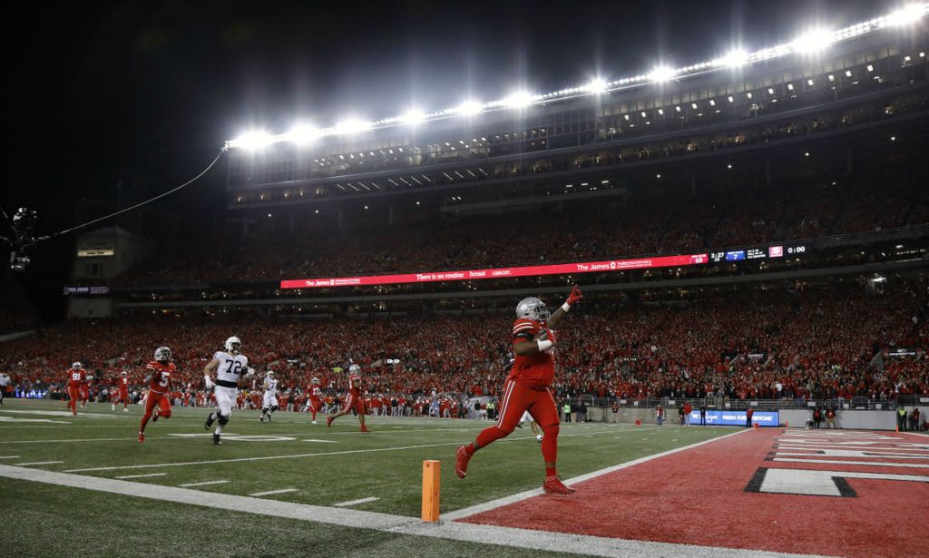 Sports - HM - Ohio State defensive tackle Jerron Cage (86) recovers a fumble and scores a touchdown against Penn State during the second quarter of their game at Ohio Stadium in Columbus. (Kyle Robertson / The Columbus Dispatch) 