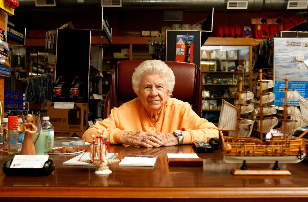 Portrait - 2nd placeHelen Connone, 89, poses at Gene's Marine in Lorain. Connone and her late husband, Robert, opened Gene's Marine almost 68 years ago where she still comes in to work every day with her son, Jack, answering phone calls and greeting guests.  (Sam Greene / The (Lorain) Morning Journal)