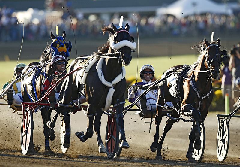 SStory - 1st place - Montrell Teague driving Wiggle It Jiggleit (left) smiles after overtaking David Miller driving Lost For Words, (right) in the final heat of the Little Brown Jug at the Delaware County Fairgrounds. (Adam Cairns / The Columbus Dispatch)