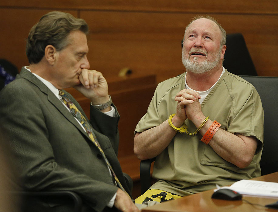 General News - 2nd place - Terrance Trent looks up while addressing the family members of William Lewis and Stephanie Fibelkorn after they gave impact statements prior to his sentencing for causing the accident that took the lives of Lewis and Fibelkorn. Trent's attorney Steve Dehnart is at left.  (Jonathan Quilter / The Columbus Dispatch)