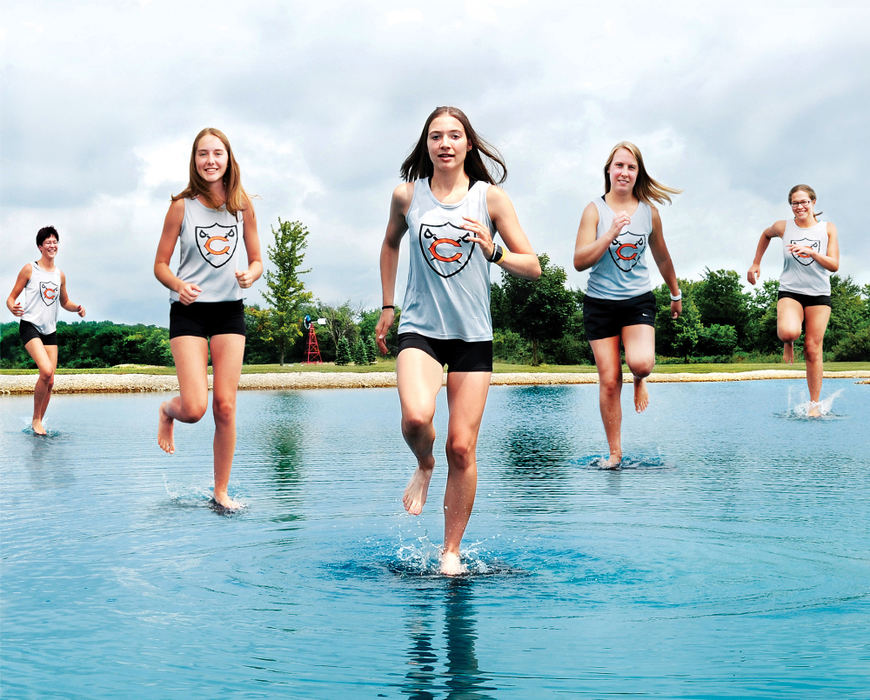 Illustration - 3rd placeColdwater's (from left) Beth Honigford, Lily Schoenherr, Haley Alig, Courtney Bye and Sara Honigford are looking for redemption in the 2019-2020 cross country season. (Daniel Melograna / The Daily Standard)