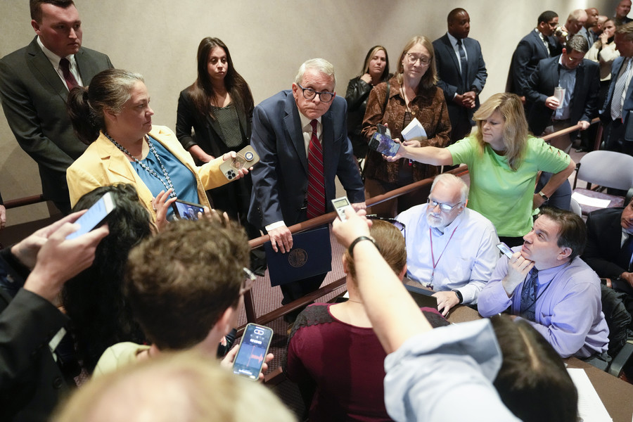 General News - 1st place - Ohio Governor Mike DeWine takes questions from the press during a delayed start before a meeting of the Ohio Redistricting Commission.  (Brooke LaValley / The Columbus Dispatch)