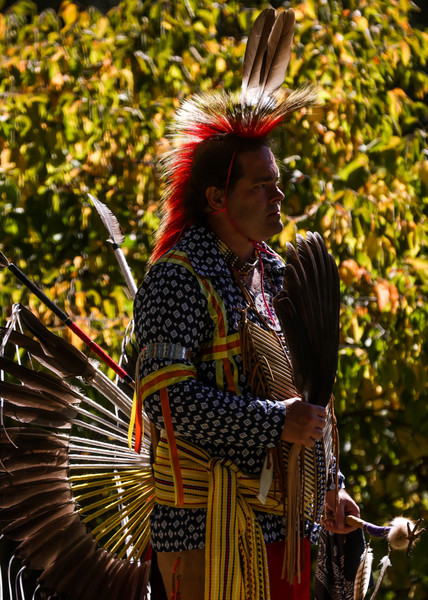 Portrait - 3rd place - Cincinnati resident Brian Davis, who chose to honor Cherokee tradition with his headwork and dress, takes a break from dancing during the Harvest Festival of the Eastern Woodland American Indians of the North East and Great Lakes at Seven Eagles EARTH Center in Grand Rapids. (Isaac Ritchey / The Blade)