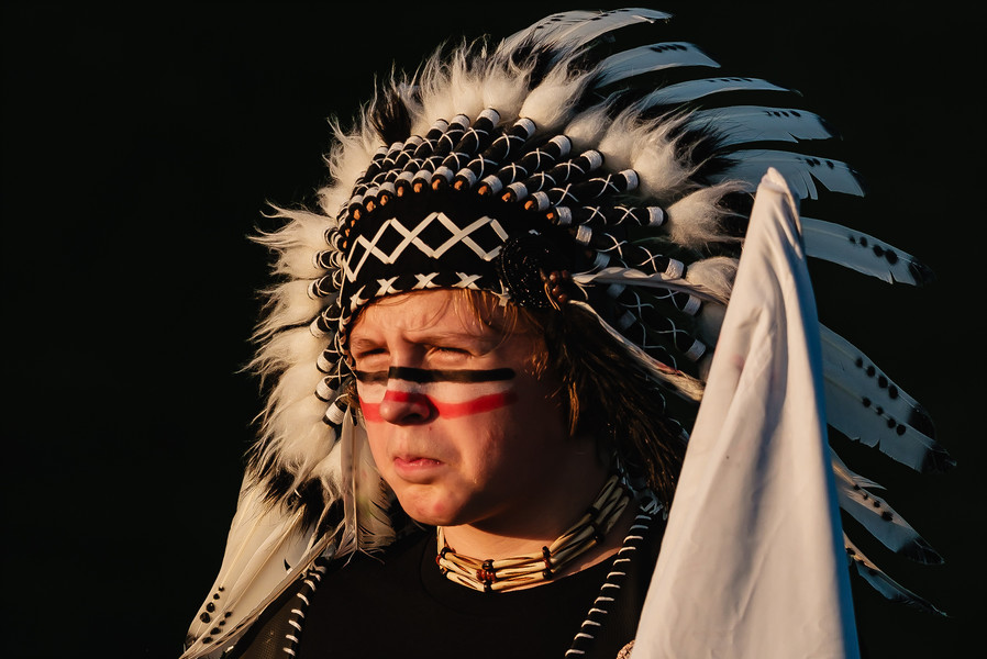 Portrait - HM - Carrollton High School sophomore Connor Welch plays the part of the warrior mascot during the game against Garaway at Warrior Stadium in Carrollton. (Andrew Dolph / The Times Reporter)