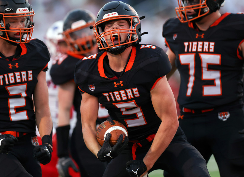 Sports Feature - 1st place - Liberty Center’s Trenton Kruse celebrates after a long run during a high school football game between Liberty Center and Patrick Henry at Liberty Center High School. (Kurt Steiss / The Blade)