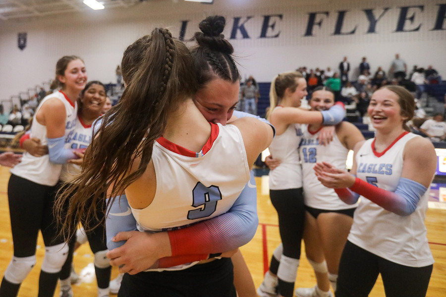 Sports Feature - 3rd place - Eastwood’s Mackenna Miller and Nadia Miller celebrate their win over Lake during a Northern Buckeye Conference volleyball match at Lake High School in Millbury. (Rebecca Benson / The Blade)