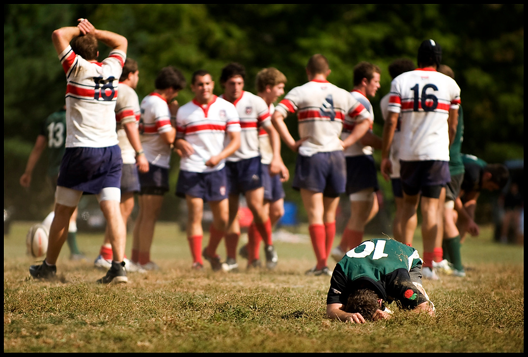Larry Fullerton Photojournalism Scholarship - James Roh / Ohio UniversityJohn Bowens, a senior at Ohio University, lays on the ground frustrated just moments after the Ohio University men’s rugby team lost to the Miami University in Athens,.  Despite a hard fought match, the OU rugby team’s losing streak continued.  