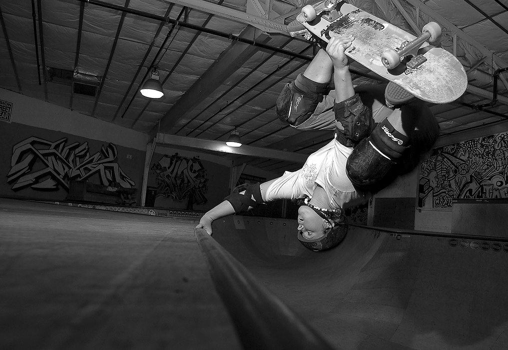 Larry Fullerton Photojournalism Scholarship - Laura Torchia / Kent State UniversityGabrielle Brownfield, 12 of Canton does and invert in the bowl at Evolution Skate Park.  An invert is a trick most skateboarders never master.