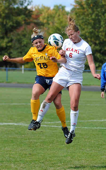 First place, Larry Fullerton Photojournalism Scholarship - Jenna Watson / Kent State UniversitySenior midfielder Hannah Newhouse (left) fights for the ball during the Kent State's game against Miami. 