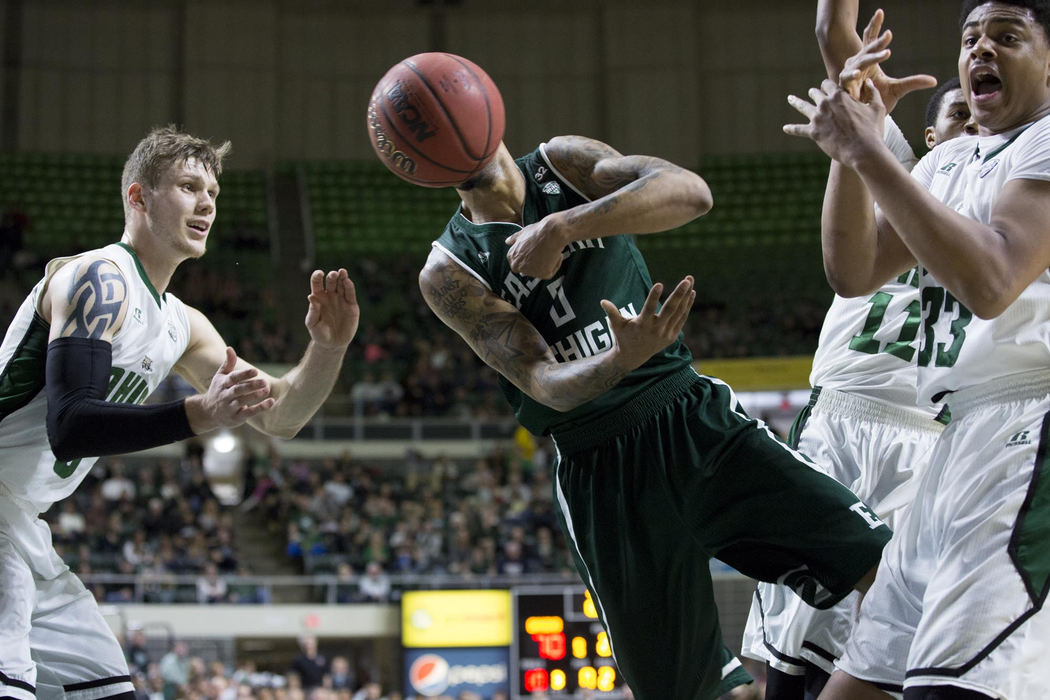 Second place, Larry Fullerton Photojournalism Scholarship - Alex Driehaus / Ohio UniversityTreg Setty waits to catch a pass missed by Eastern Michigan's Raven Lee at the Convocation center in Athens. 