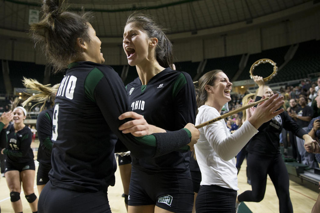 Second place, Larry Fullerton Photojournalism Scholarship - Alex Driehaus / Ohio UniversityOhio's Erica Walker (left) and Jaime Kosiorek celebrate after winning the final game of the MAC volleyball tournament, held at The Convocation Center in Athens. Ohio's 3-0 win over Northern Illinois allowed them to advance to the first round of the NCAA Tournament.