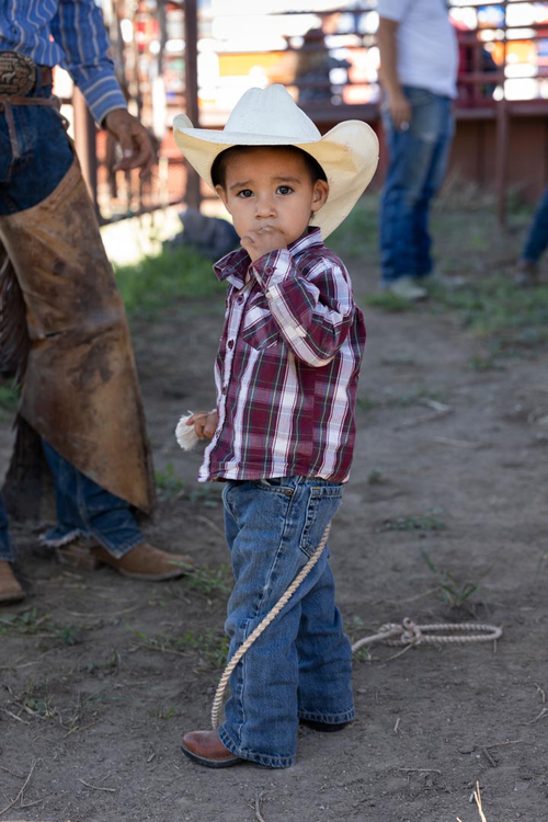 Zoe Cranfill / Ohio UniversityA competitors child hangs out in the pin before competitions at the Maverick Club Fourth of July Rodeo in Cimarron, NM on July 4, 2022. 