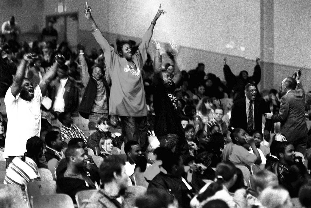 First Place, Feature Picture Story - Steven M. Herppich / Cincinnati EnquirerThe student body and the teachers react to a motivational speaker during a school assembly at Robert A. Taft High School in the West End. 