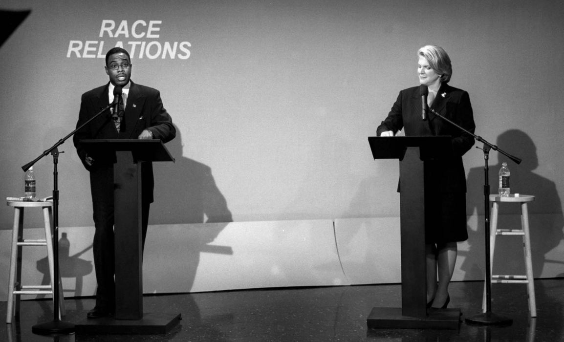 Award of Excellence, News Picture Story - Dale Omori / The Plain DealerCleveland mayoral candidate Raymond Pierce debates Jane Campbell in the Channel 5 studios.  Pierce had never held elected office.  To win against the well-known and well-financed opponent, Pierce desperately need to win votes on Cleveland's predominately West Side.