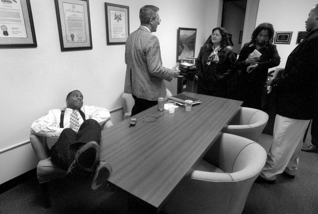 Award of Excellence, News Picture Story - Dale Omori / The Plain DealerCleveland mayoral candidate Raymond Pierce relaxes in an office at WVIZ studios before the last debate with his opponent, Jane Campbell.