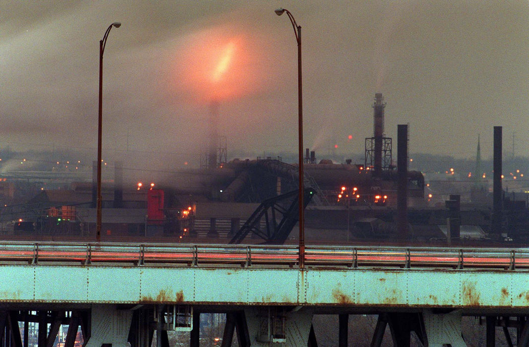 First Place, Photographer of the Year - Mike Levy / The Plain DealerLooking south from the Hope Memorial Bridge towards LTV one December evening with the interbelt bridge in the foreground.