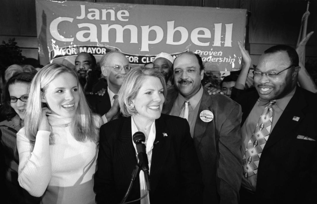 Award of Excellence, Team Picture Story - Lonnie Timmons III / The Plain DealerJane Campbell celebrates her victory, November 6, 2001 at the Sheraton in downtown Cleveland. 