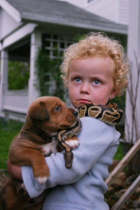 Second Place, Portrait/Personality - Bruce Strong / Ohio UniversityLittle Girl in a Tough TownIn a part of Mansfield, Ohio, that struggles with crime and drugs, Brianna Kopina, 3, holds two of the family pets: a Rottweiller/Bulldog mix and a boa.5/15/03