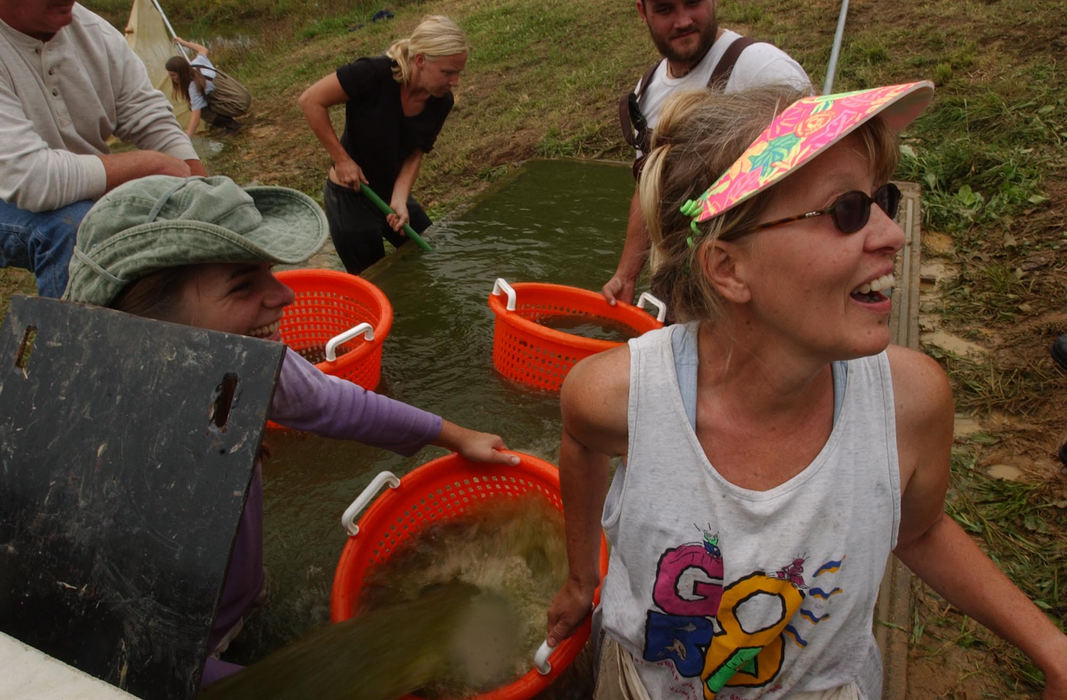 Third Place, Student Photographer of the Year - Robert Caplin / Ohio UniversityPond owner Polly Creech helps filter pond water with orange baskets that catch shrimp during the harvest.