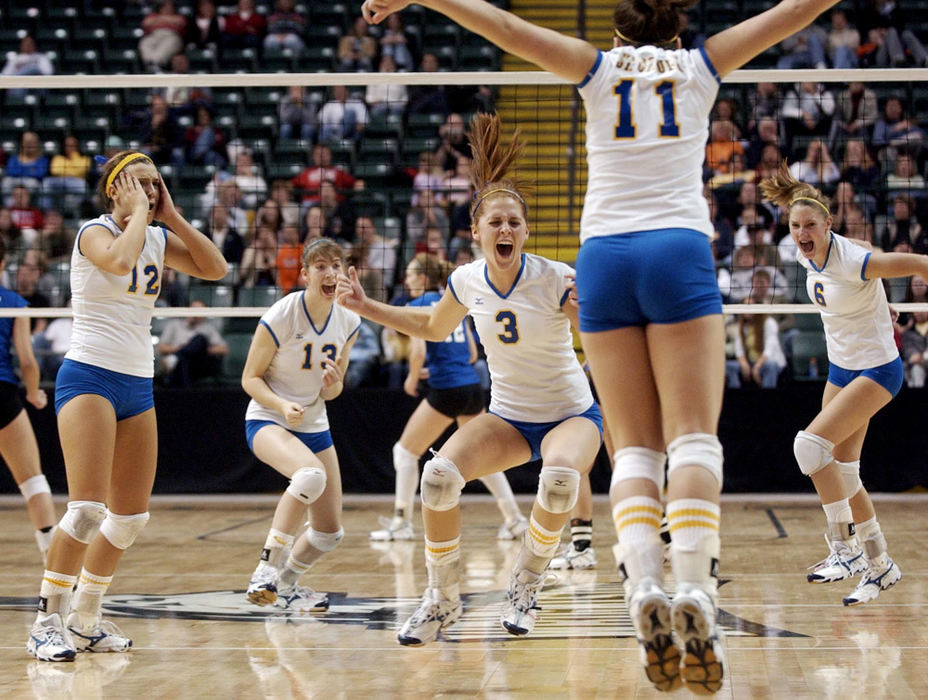 Award of Excellence, Sports Feature - Dave Zapotosky / The BladeSt. Ursula volleyball players (from left) Alison Mugler, Ashley Heyman, Emily Florian, Allison Florian, and Katelyn Schissler, react as they win the Division I state volleyball championship by beating Cincinnati Mother of Mercy.