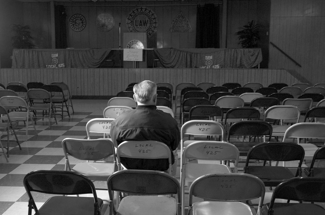Second Place, James R. Gordon Ohio Understanding Award - Mike Levy / The Plain DealerA lone union member waits for a meeting at the union hall across the street from the Lorain Assembly Plant.