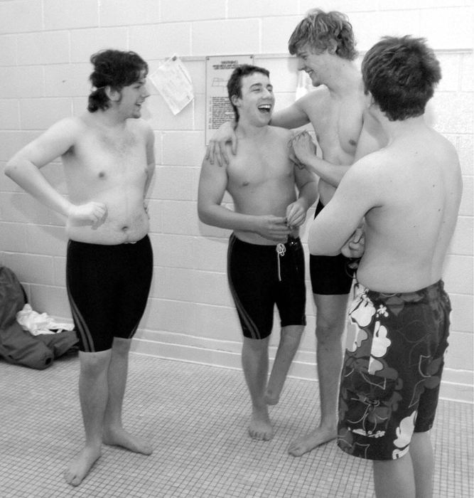 Third Place, Sports Picture Story - Abogail Bobrow / Sandusky RegisterDustin jokes around with his relay team before their race at a meet in Oak Harbor.