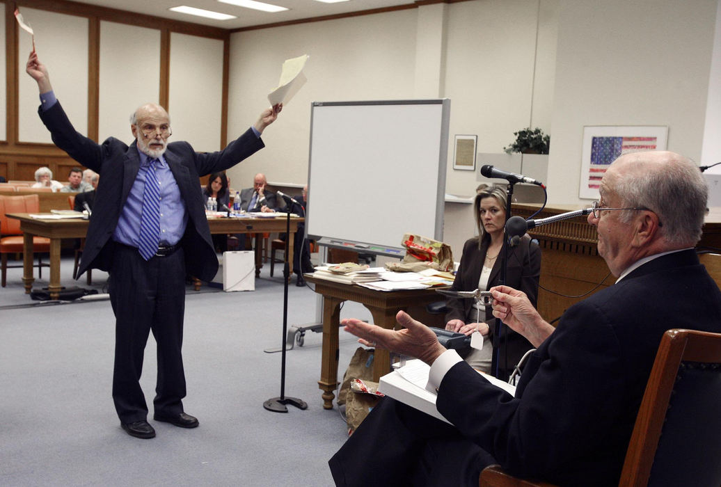 First Place, News Picture Story - Andy Morrison / The BladeDefense attorney Alan Konop questions retired Toledo Police Detective Arthur Marx about the murder weapon.