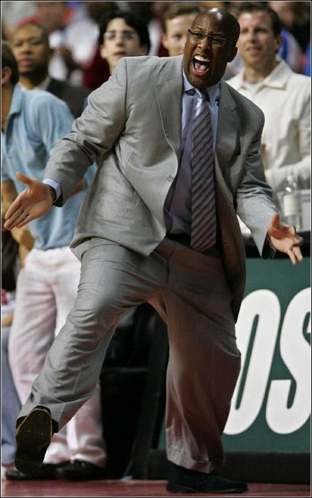 Third Place, Sports Picture Story - Ed Suba, Jr. / Akron Beacon JournalCleveland Cavalier head coach Mike Brown reacts as a player misses another shot during first half action with the Detroit Pistons in Game 4 of the semifinals of the Eastern Conference playoffs at Quicken Loans Arena on May 21, 2006, in Cleveland.