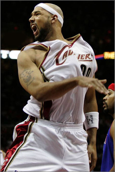 Third Place, Sports Picture Story - Ed Suba, Jr. / Akron Beacon JournalCleveland's Drew Gooden reacts after missing a last-second tip-in of a LeBron James missed free throw as time expired during the Cavalier's 84-82 loss to the Detroit Pistons in Game 6 of the semifinals of the Eastern Conference playoffs at Quicken Loans Arena on May 19, 2006, in Cleveland. If the tip had fallen the Cavaliers, who had won game five in Detroit and taken a 3-2 series lead, would have defeated the Pistons and moved into the conference finals. Instead, the series was now tied 3-3 and a decisive game 7 would be played back in Auburn Hills, Michigan.