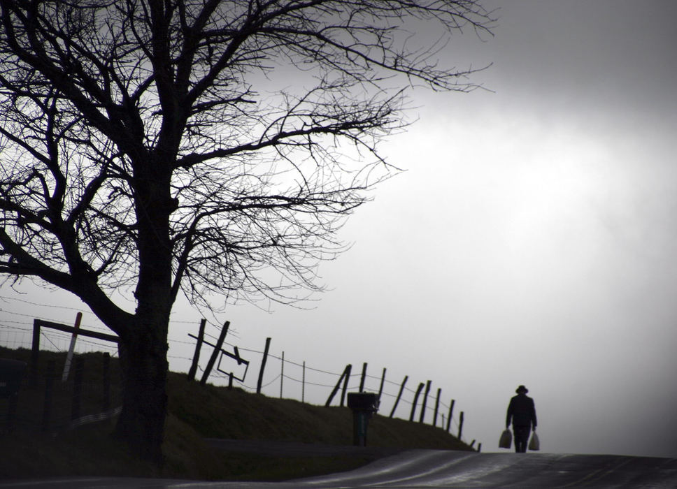 Second Place, Enterprise Feature - Mary Circelli / The Columbus DispatchA man cuts a lonesome figure on a country road  between Winesberg and Berlin in Holmes County's Amish country.