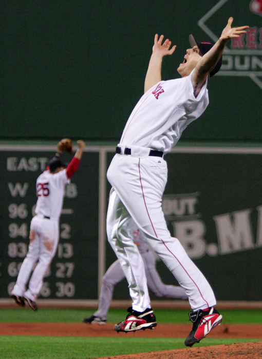 Award of Excellence, Photographer of the Year - Phil Masturzo / Akron Beacon JournalBoston pitcher Jonathan Papelbon celebrates after the Indians 11-2 loss to the Red Sox in Game 7 of the American League Championship Series, Sunday, Oct. 21, 2007, at Fenway Park in Boston. 