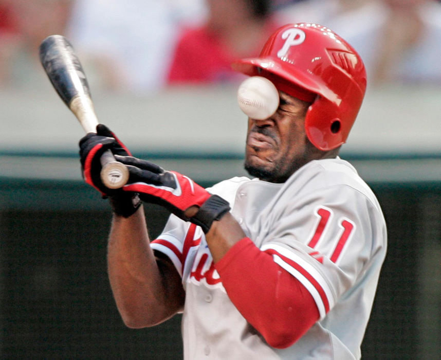 Second Place, Sports Action - Mark Duncan / Associated PressPhiladelphia Phillies' Jimmy Rollins gets his by a pitch from Cleveland Indians' Cliff Lee in the fifth inning of a game, June 18, 2007, in Cleveland.