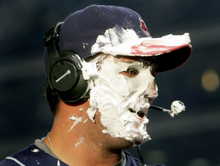 Third Place, Sports Picture Story - Chuck Crow / The Plain DealerCleveland Indians Ryan Garko continued his TV interview after getting pied in the face from teammate Trot Nixon following an Indians' win over Chicago this season.
