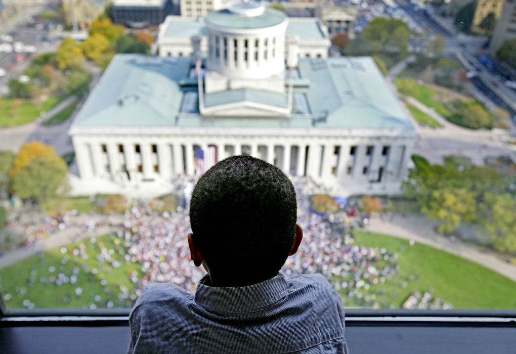 Third Place, Campaign 2008 - Eric Albrecht / The Columbus DispatchMonroe Dowling watches Barack Obama gives his speech at the statehouse in Columbus. He was in a skyscraper overlooking the statehouse as Obama held one of his last rallies prior to winning the presidency.