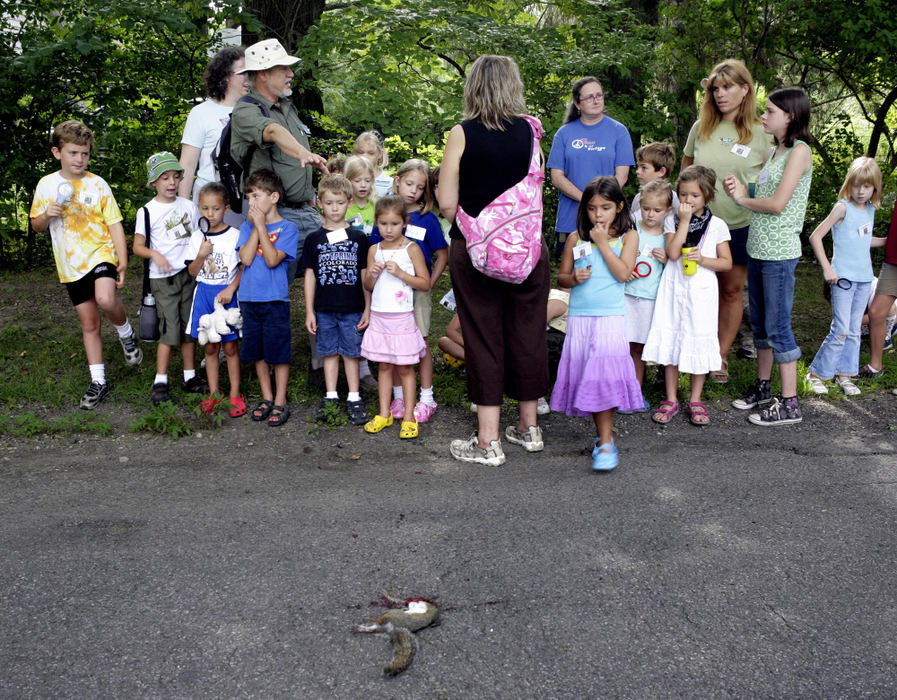 Second Place, Feature - Eric Albrecht / The Columbus DispatchTom Baillieul  talks about the circle of life while children look at a squirrel hit by a car on a nature walk as part of Peace Camp at the First Unitarian Universalist. Peace Camp replaces Sunday school at the Unitarian Church and includes nature walks as part of their school.